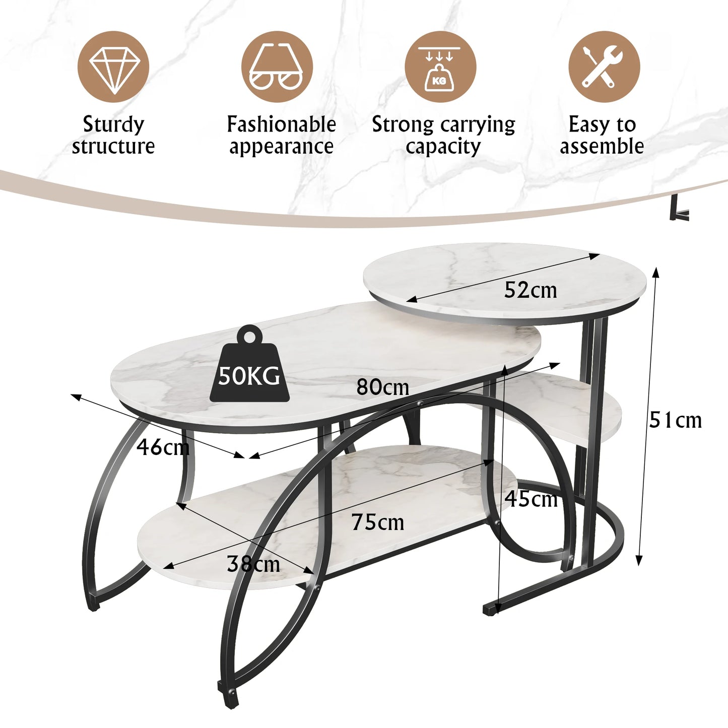 Table basse, lot de 2, structure en métal,
