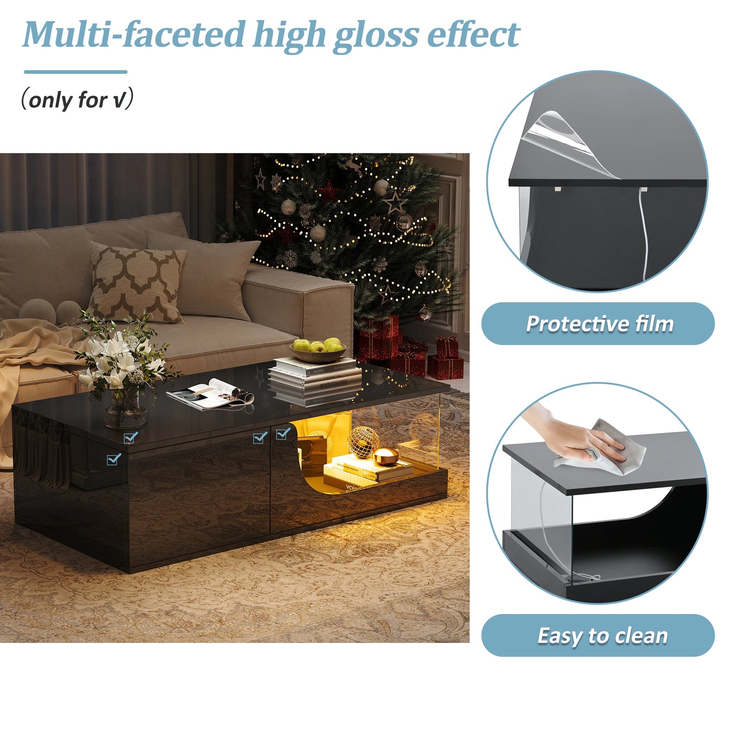 Table basse 100*50*30cm, table de canapé avec 2 tiroirs, table d'appoint de salon brillante, table de salon en MDF, table basse