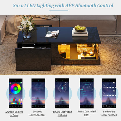 Table basse 100*50*30cm, table de canapé avec 2 tiroirs, table d'appoint de salon brillante, table de salon en MDF, table basse