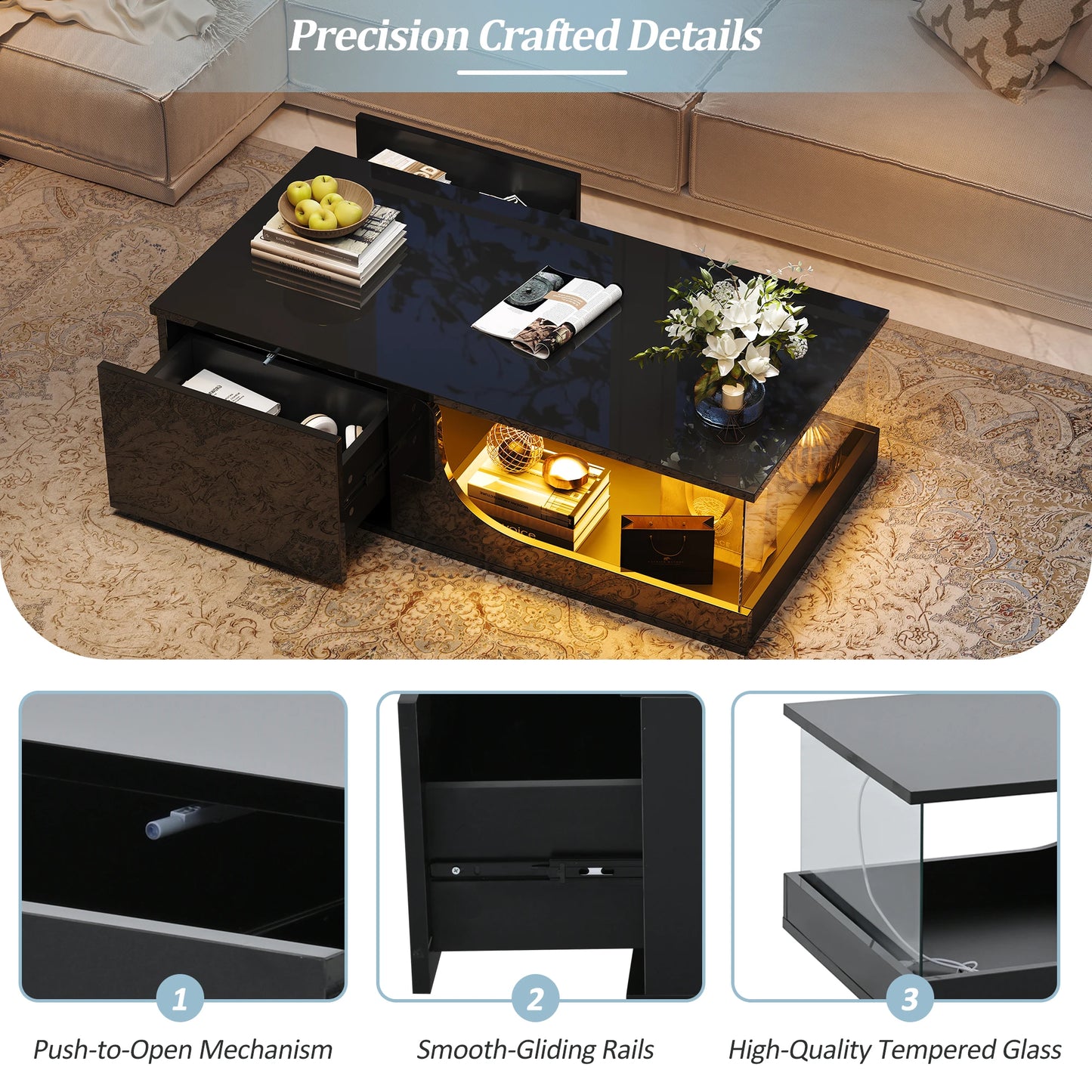 Table basse 100*50*30cm, table de canapé avec 2 tiroirs, table d'appoint de salon brillante, table de salon en MDF, table basse