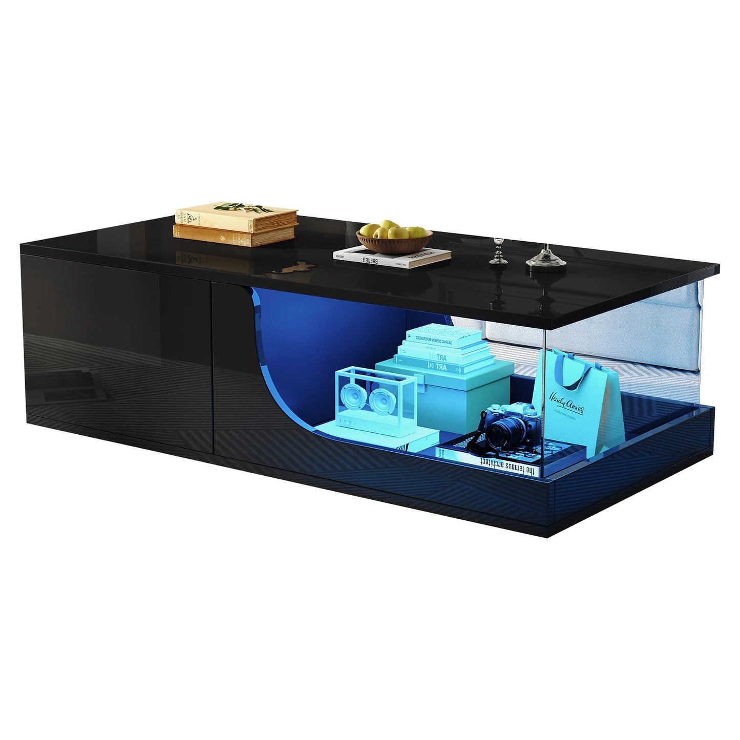 Table basse 100*50*30cm, table de canapé avec 2 tiroirs, table d'appoint de salon brillante, table de salon en MDF, table basse