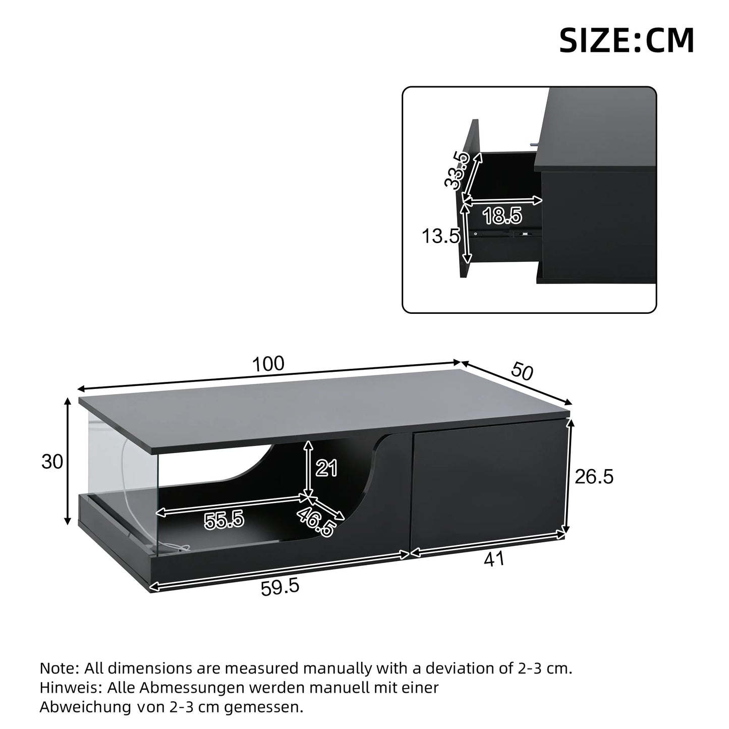 Table basse 100*50*30cm, table de canapé avec 2 tiroirs, table d'appoint de salon brillante, table de salon en MDF, table basse