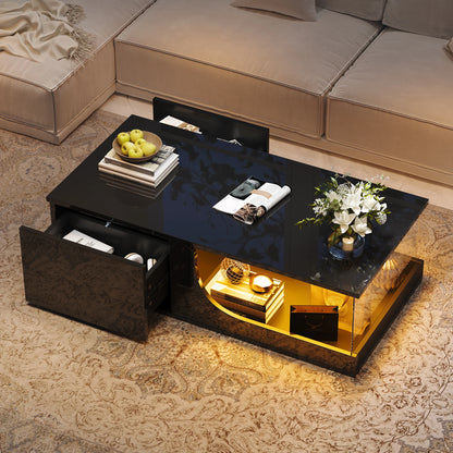 Table basse 100*50*30cm, table de canapé avec 2 tiroirs, table d'appoint de salon brillante, table de salon en MDF, table basse