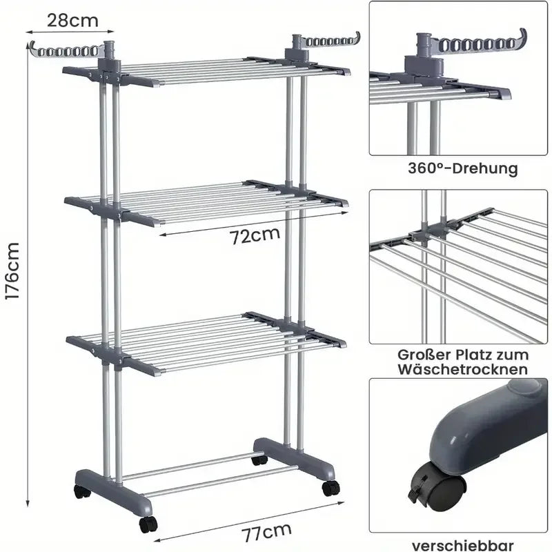 Étendoir à linge pliable rotatif à 3 niveaux