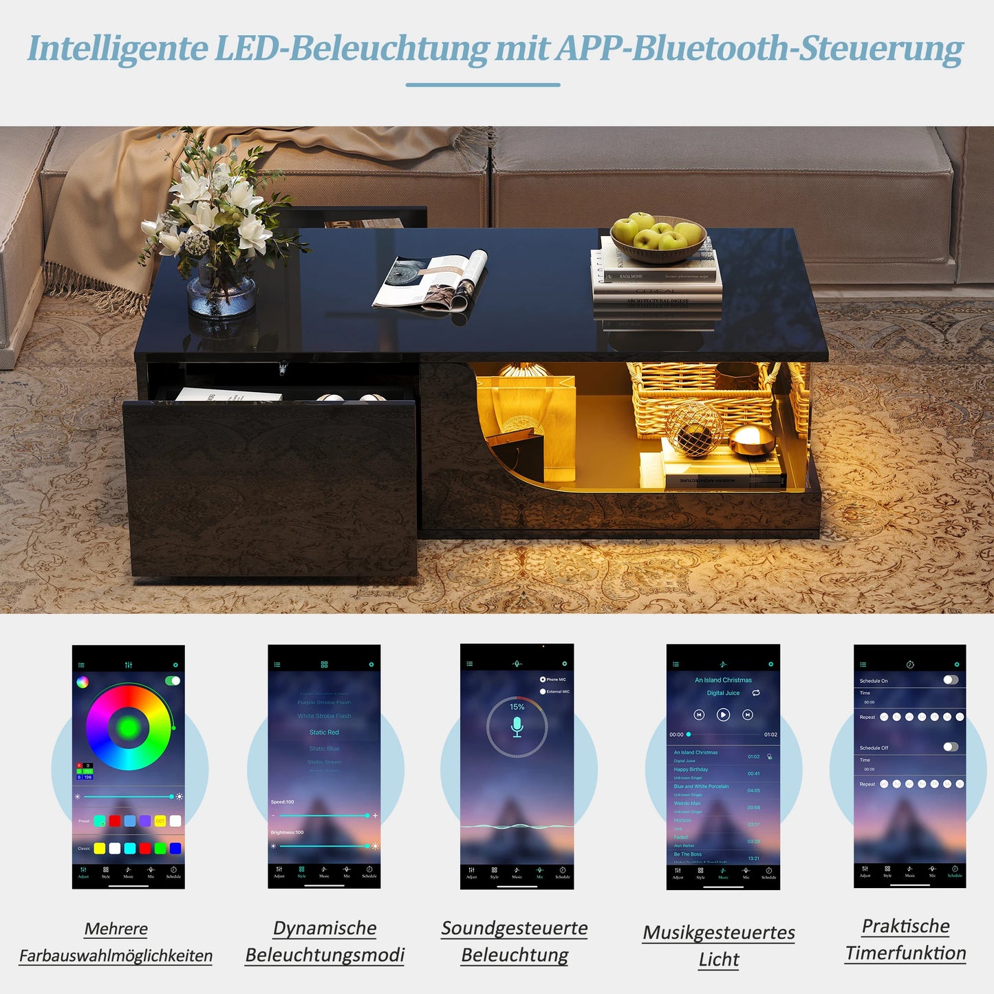 Table basse 100*50*30cm, table de canapé avec 2 tiroirs, table d'appoint de salon brillante, table de salon en MDF, table basse