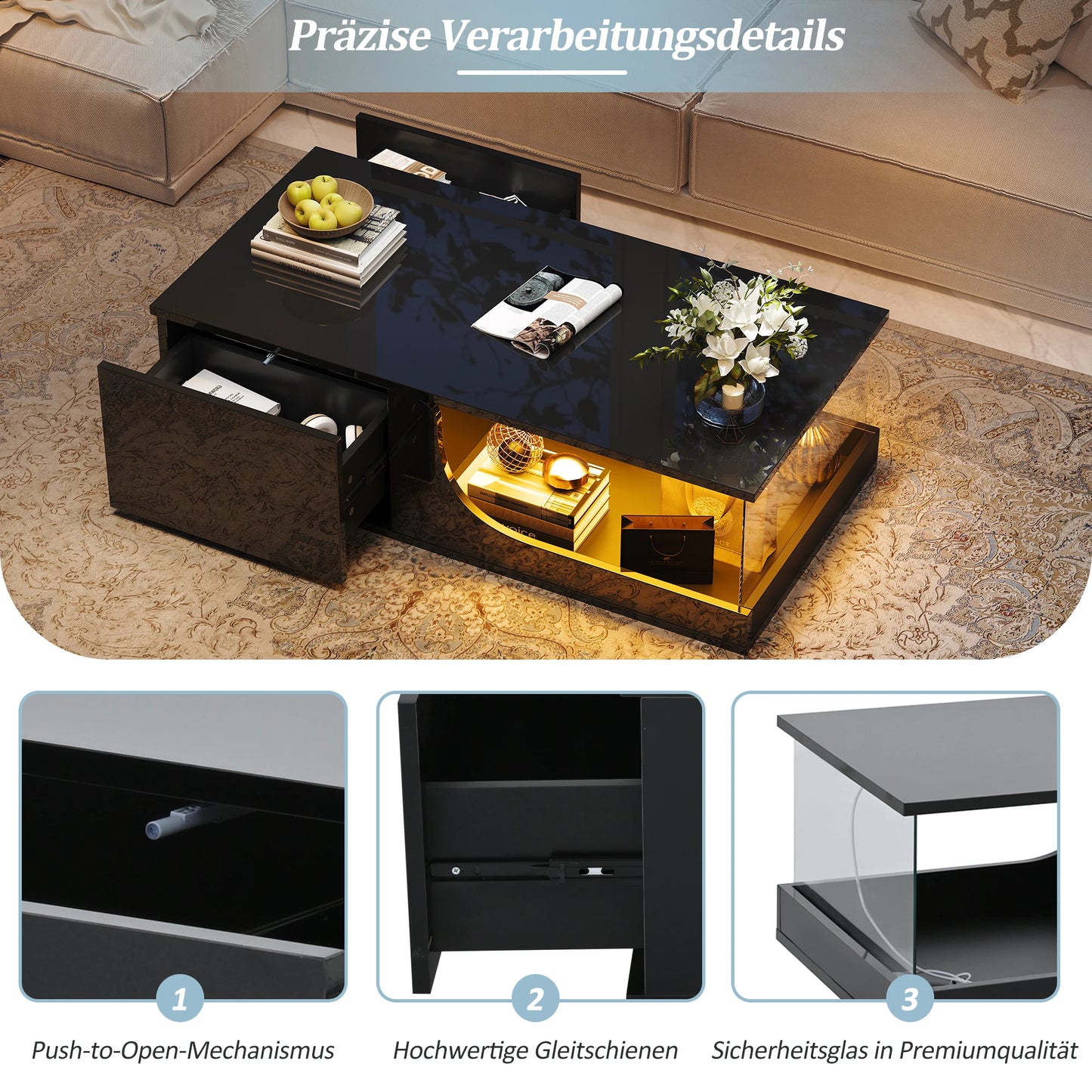 Table basse 100*50*30cm, table de canapé avec 2 tiroirs, table d'appoint de salon brillante, table de salon en MDF, table basse