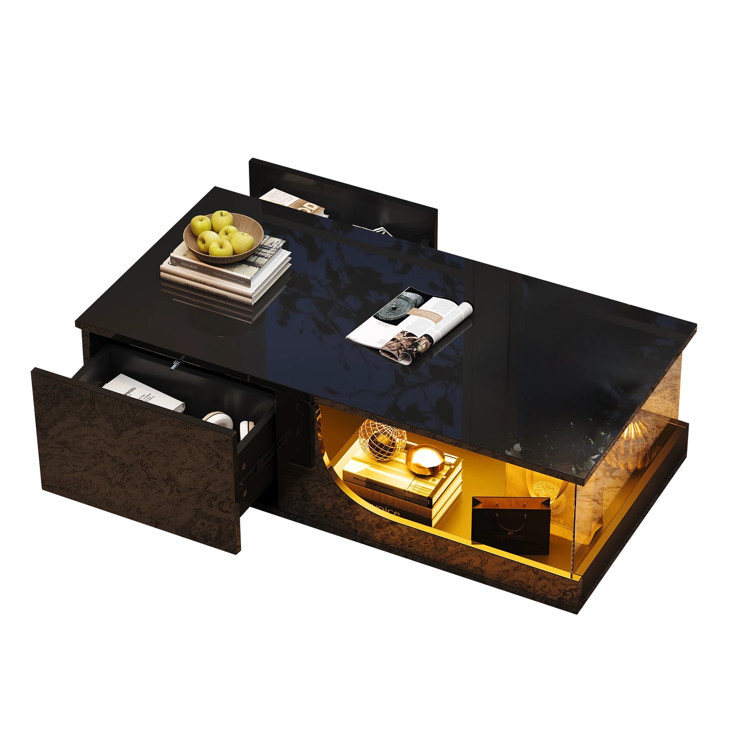 Table basse 100*50*30cm, table de canapé avec 2 tiroirs, table d'appoint de salon brillante, table de salon en MDF, table basse